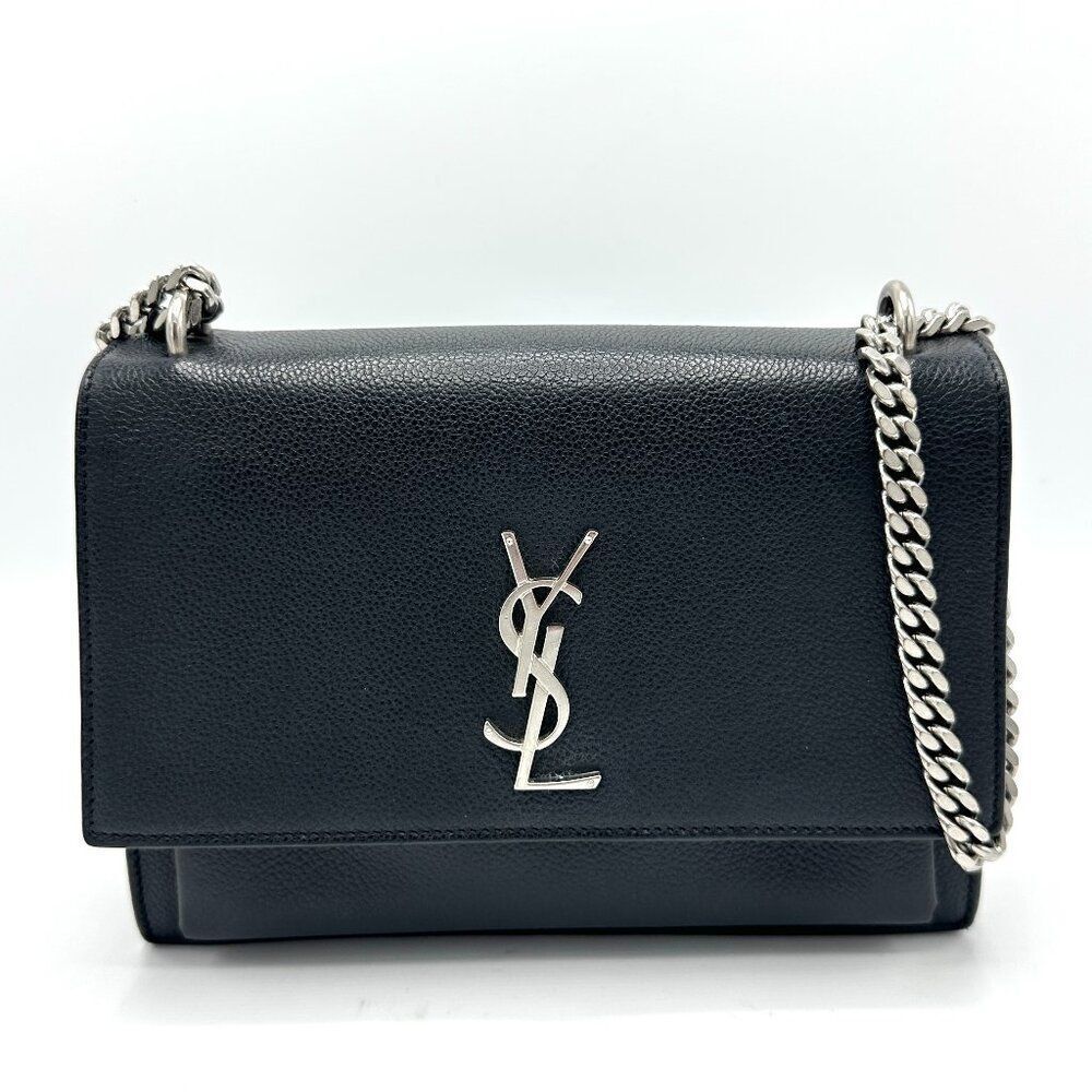 Saint Laurent Black Pebbled Leather SHW Sunset Chain Flap